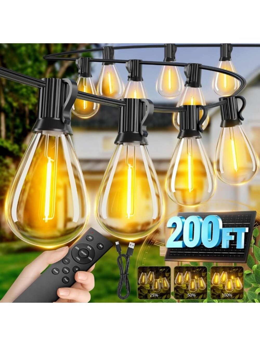 200FT Waterproof Solar String Lights with Remote, 72 LED, 3 Modes & USB-C